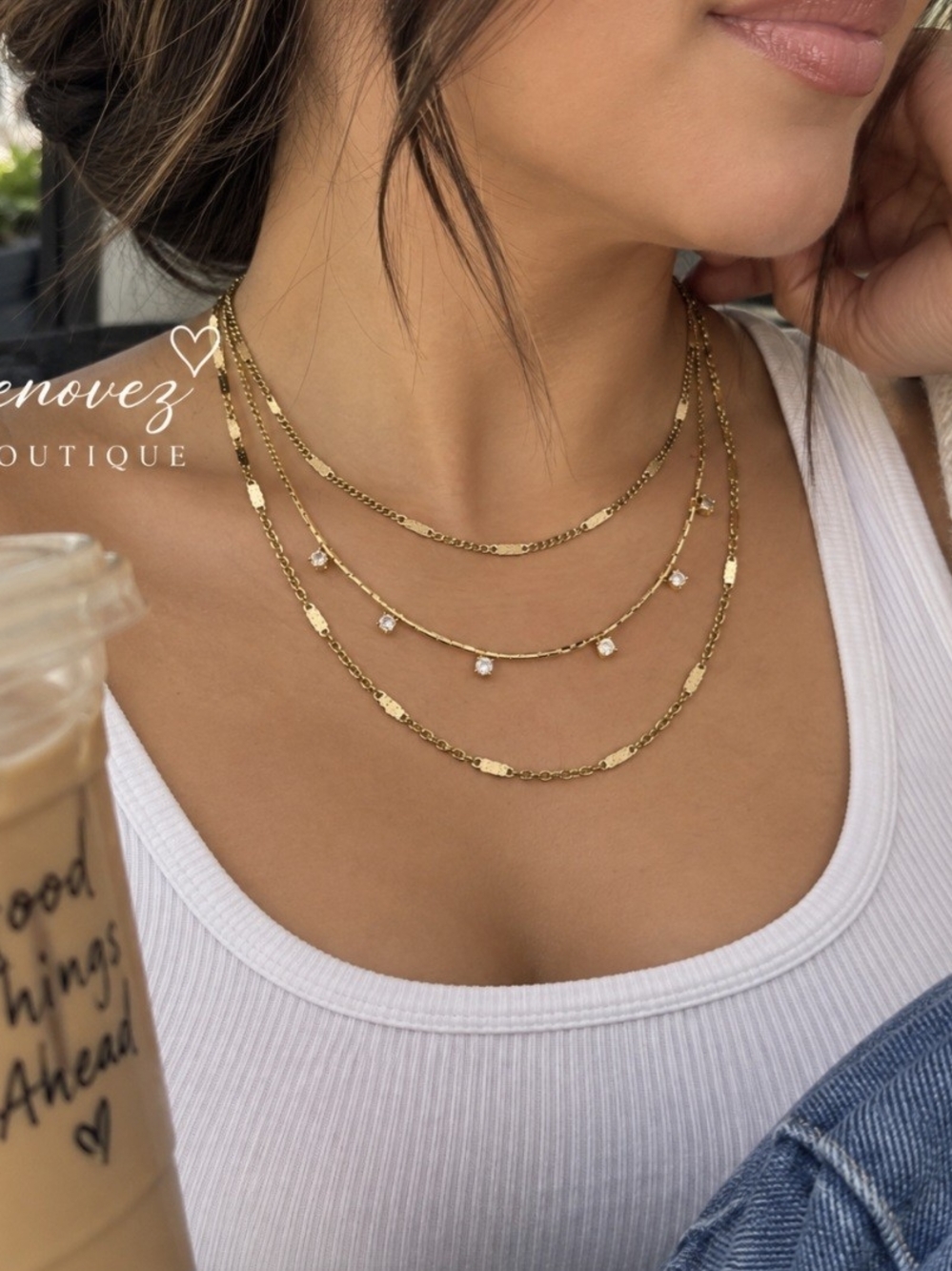 Gold Layered CZ Station Necklace - Boutique Style